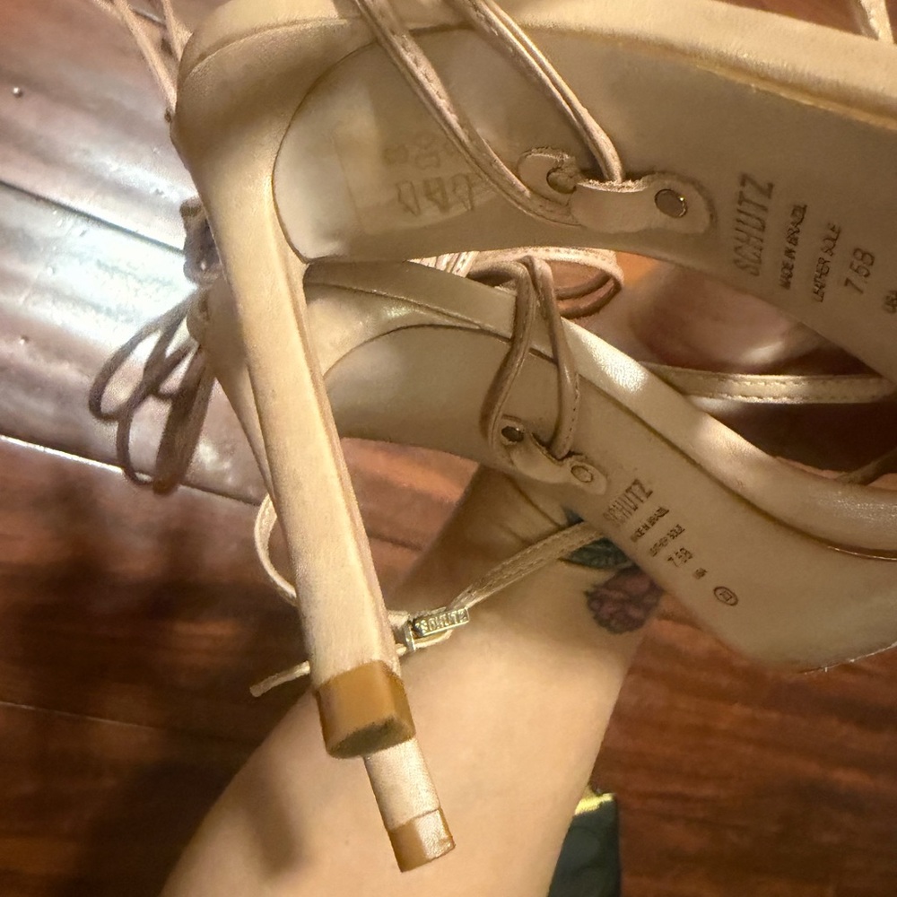 SCHUTZ Tan Lace-Up Stiletto Sandals with Wrap Ankle Ties - Picture 13 of 15